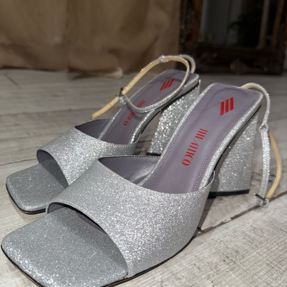 The Attico Piper 85 glitter embellished sandal heels in silver, sculptural heel